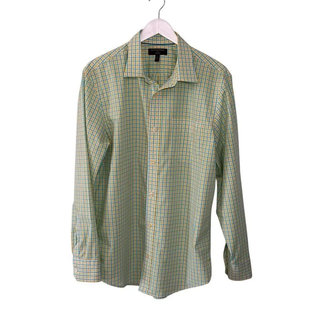 Banana Republic Non-Iron Classic Fit teal and yellow checked cotton button down